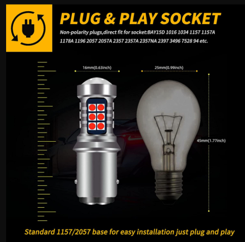 Set 2 becuri auto LED cu lupa 1157/BAY15D P21/5W, BZRSH®, cu 21 de LED-uri, 2 faze, lumina rosie, pozitie si stop pe frana [2]