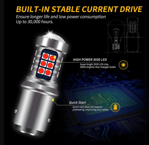 Set 2 becuri auto LED cu lupa 1157/BAY15D P21/5W, BZRSH®, cu 21 de LED-uri, 2 faze, lumina rosie, pozitie si stop pe frana [1]