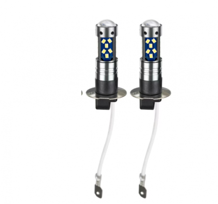 Auto - Set 2 becuri auto LED H3 cu lupa, 60W, 27 SMD, 12V, 6000K, BZRSH