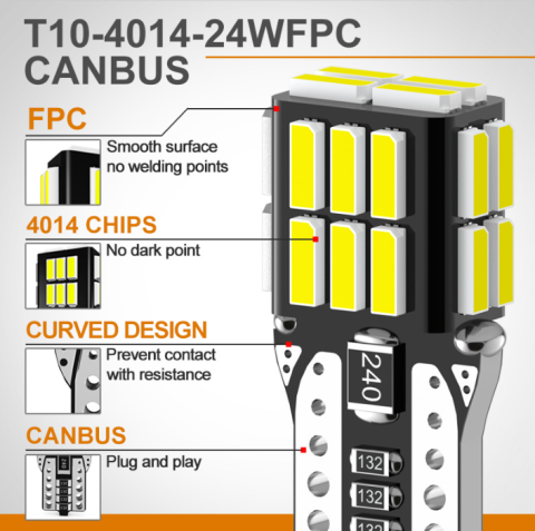 Set 2 Becuri auto led T10 W5W, 12 V, 24 LED SMD 4014 , canbus fara eroare, lumina alba, BZRSH, pentru pozitie, plafoniera, portbagaj, semnalizare, lumini oglinda, lumini ambientale [4]