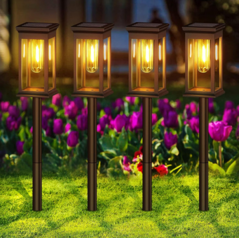 Lampi solare - Set 4 lampi solare LED de exterior, 15 lm, 0.3W, 800mAh, Autonomie 12h, Plastic/ABS, IP65, 55cm, Negru
