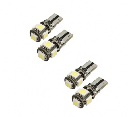 Becuri LED T10 - Set 4x becuri LED T10, BZRSH, W5W, 12V, 5W CANBUS, 6000k, 28x12 mm, Alb rece pentru plafoniera, portbagaj