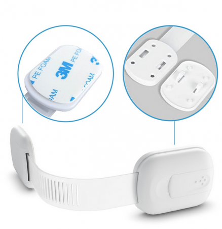 Set 6 bucati sisteme de siguranta copii ajustabile, blocare sertare, dulap, frigider, WC, adeziv puternic, lungime 19 cm, alb [4]