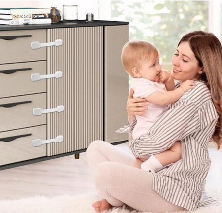 Set 6 bucati sisteme de siguranta copii ajustabile, blocare sertare, dulap, frigider, WC, adeziv puternic, lungime 19 cm, alb [7]