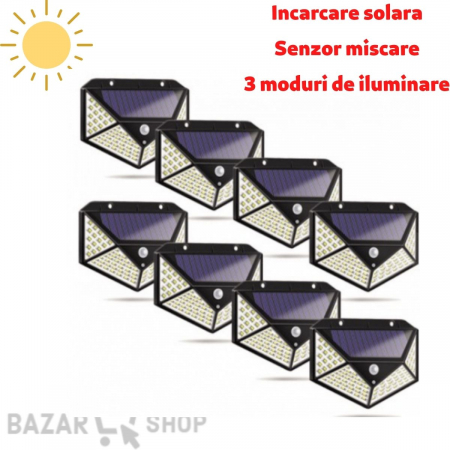 Iluminat - Set 8 lampi 100LED  cu incarcare solara, senzor de miscare si 3 moduri de functionare
