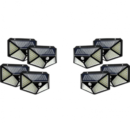Lampi solare - Set 8 x Lampa cu Incarcare Solare, Senzor de Miscare, 3 Moduri de Iluminare, 100 LED, Prindere pe Perete