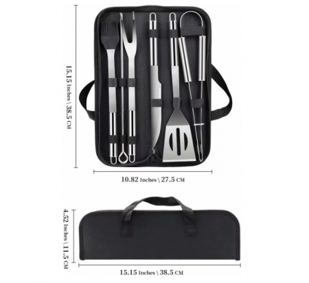Set 9 ustensile pentru gratar, Inox, Geanta depozitare, Negru/Argintiu [2]