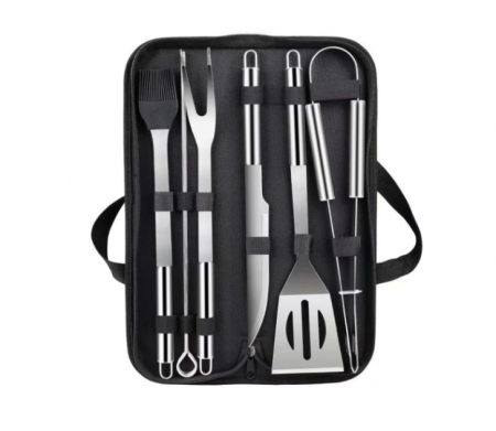 Casa si gradina - Set 9 ustensile pentru gratar, Inox, Geanta depozitare, Negru/Argintiu