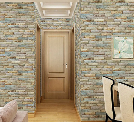 Tapet 3D Autoadeziv, Model Caramida in Relief, Bej/Albastru, Design Modern, Rezistent la Apa, Usor de Curatat, Dimensiuni 77x70cm [5]