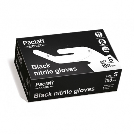 Manusi unica folosinta - Manusi negre de nitril, nepudrate Paclan Expert, marime S, 100 buc