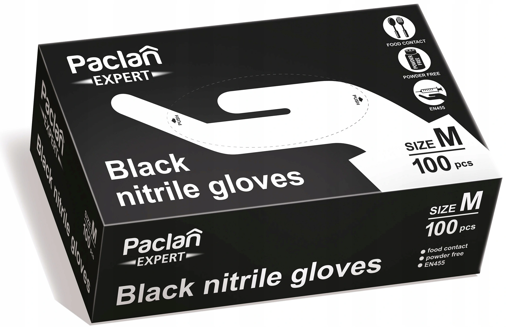Manusi unica folosinta - Manusi negre de nitril, nepudrate Paclan Expert, marime M, 100 buc