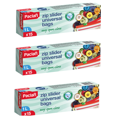Folii si pungi alimentare - Set 3X Pungi pentru ambalare cu fermoar Paclan Zip 1L, 17 x 23 cm, 15 buc