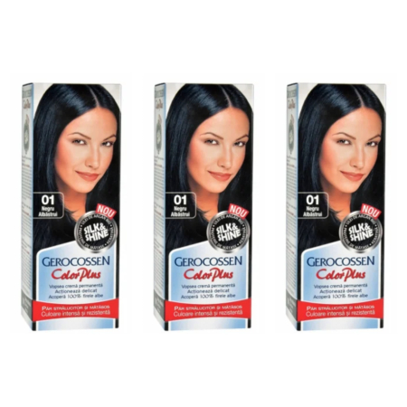 Ingrijire personala & Cosmetice - SET 3X Vopsea de par Gerocossen 0.1 Negru Albastrui - Color Plus 50g + Pliculet cu masca pentru par uscat si deshidratat Argan Line 15 ml