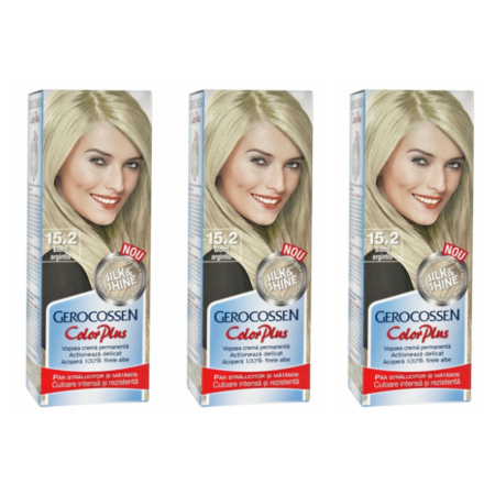Ingrijire personala & Cosmetice - SET 3X Vopsea de par Gerocossen 15.2 Blond Argintiu - Color Plus 50g + Pliculet cu masca pentru par uscat si deshidratat Argan Line 15 ml