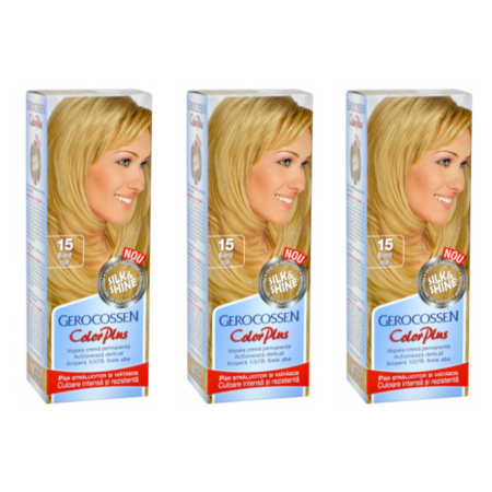Ingrijire personala & Cosmetice - SET 3X Vopsea de par Gerocossen 15 Blond Clar - Color Plus 50g + Pliculet cu masca pentru par uscat si deshidratat Argan Line 15 ml