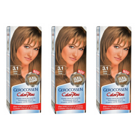 Vopsea de par si oxidant - SET 3X Vopsea de par Gerocossen 3.1 Saten Irizat - Color Plus 50g + Pliculet cu masca pentru par uscat si deshidratat Argan Line 15 ml