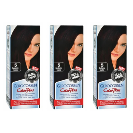 Ingrijire personala & Cosmetice - SET 3X Vopsea de par Gerocossen 5 Castaniu inchis - Color Plus 50g + Pliculet cu masca pentru par uscat si deshidratat Argan Line 15 ml