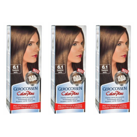 Ingrijire personala & Cosmetice - SET 3X Vopsea de par Gerocossen 6.1 Castaniu Auriu - Color Plus 50g + Pliculet cu masca pentru par uscat si deshidratat Argan Line 15 ml