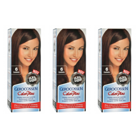 Ingrijire personala & Cosmetice - SET 3X Vopsea de par Gerocossen 6 Castaniu - Color Plus 50g + Pliculet cu masca pentru par uscat si deshidratat Argan Line 15 ml