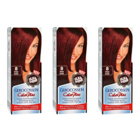 Ingrijire personala & Cosmetice - SET 3X Vopsea de par Gerocossen 8 Acaju Inchis - Color Plus 50g + Pliculet cu masca pentru par uscat si deshidratat Argan Line 15 ml