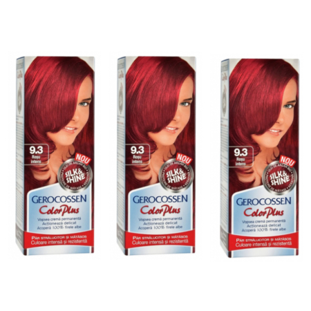 Vopsea de par si oxidant - SET 3X Vopsea de par Gerocossen 9.3 Rosu Intens - Color Plus 50g + Pliculet cu masca pentru par uscat si deshidratat Argan Line 15 ml