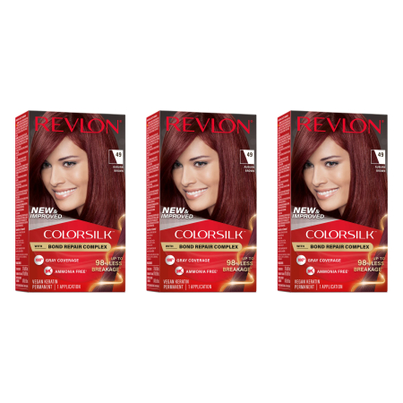 Vopsea de par si oxidant - SET 3X Vopsea de par Revlon Colorsilk fara amoniac , Auburn Brown (049)