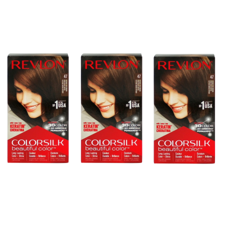 Vopsea de par si oxidant - SET 3X Vopsea pentru Par, Revlon Color Silk, 47 Medium Rich Brown