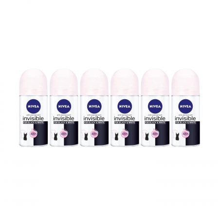 Deodorante si antiperspirante - Set 6 deodorante roll-on femei, Nivea, Black&White, 50 ml