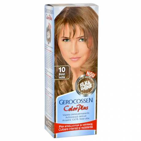 Vopsea de par Gerocossen 10 Blond Inchis - Color Plus 50g + Pliculet cu masca pentru par uscat si deshidratat Argan Line 15 ml