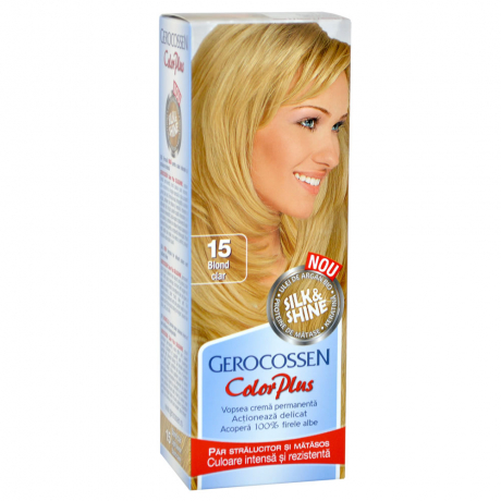 Vopsea de par Gerocossen 15 Blond Clar - Color Plus 50g + Pliculet cu masca pentru par uscat si deshidratat Argan Line 15 ml