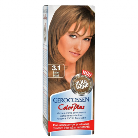 Vopsea de par Gerocossen 3.1 Saten Irizat - Color Plus 50g + Pliculet cu masca pentru par uscat si deshidratat Argan Line 15 ml
