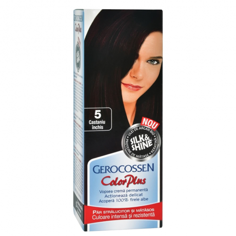 Vopsea de par Gerocossen 5 Castaniu inchis - Color Plus 50g + Pliculet cu masca pentru par uscat si deshidratat Argan Line 15 ml