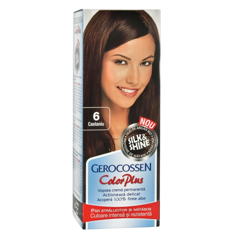 Vopsea de par Gerocossen 6 Castaniu - Color Plus 50g + Pliculet cu masca pentru par uscat si deshidratat Argan Line 15 ml
