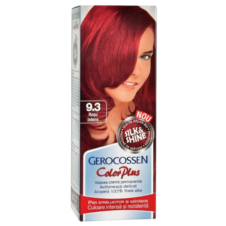 Vopsea de par Gerocossen 9.3 Rosu Intens - Color Plus 50g + Pliculet cu masca pentru par uscat si deshidratat Argan Line 15 ml