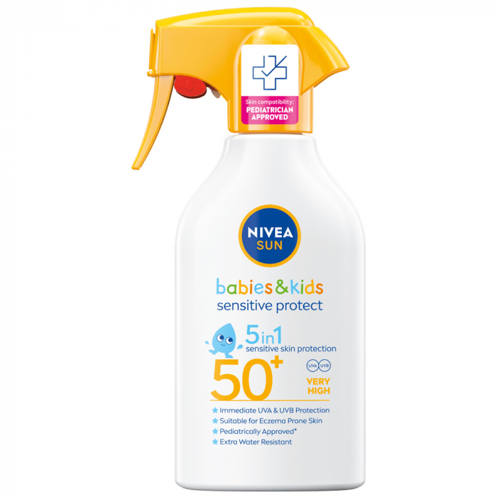 Spray de protecție solară Nivea Sun babies & kids sensitive protect 5 în 1, SPF 50+, cu pulverizator, 270 ml [1]