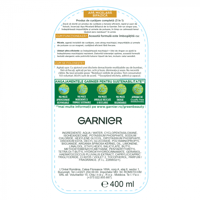 Apa micelara bifazica Garnier Skin Naturals imbogatita cu Ulei de Argan, 400 ml [2]