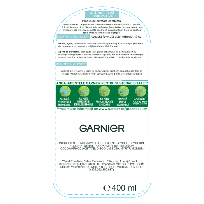 Garnier Apa Micelara Pure Active, pentru ten mixt cu tendinte de ingrasare, 400ml [2]