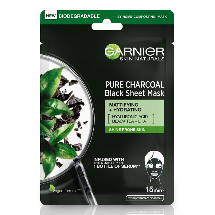 Masca servetel Garnier Pure Charcoal cu extract de Ceai Negru pentru matifiere, 28 g [1]