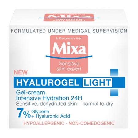 Gel-crema intens hidratant 24h Mixa Hyalurogel Light pentru tenul sensibil deshidratat, normal-uscat, 50 ml