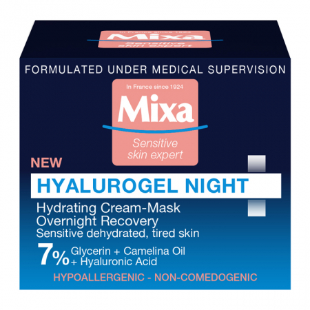 Crema-masca hidratanta de noapte Mixa Hyalurogel Night pentru pielea sensibila, deshidratata, cu aspect obosit, 50 ml