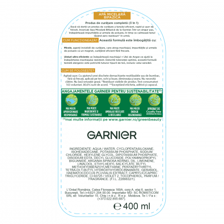 Apa micelara bifazica Garnier Skin Naturals imbogatita cu Ulei de Argan, 400 ml [1]