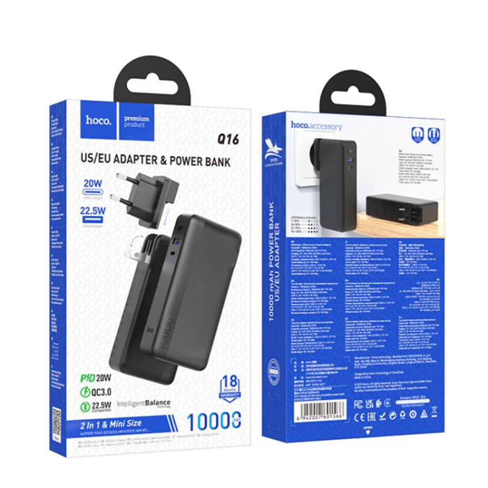 Baterie externa Power Bank with US / EU Plug Friendly (Q16) - USB, Type-C, 22.5W, 10000mAh - Black [5]