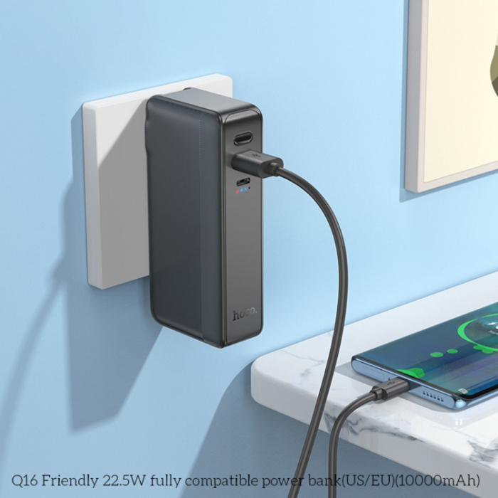 Baterie externa Power Bank with US / EU Plug Friendly (Q16) - USB, Type-C, 22.5W, 10000mAh - Black [4]