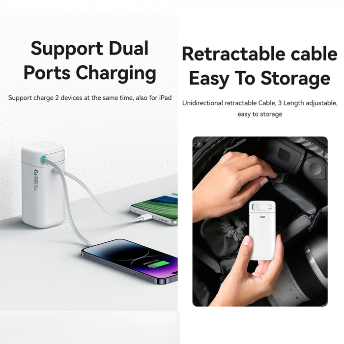 Baterie externa Power Bank XMF Series (US-CD216) - GaN Fast Charging USB-C PD45W with Retractable Type-C Cable, 80cm - White [3]