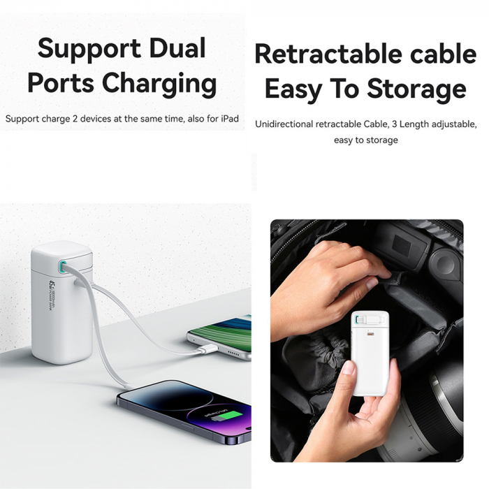 Baterie externa Power Bank XMF Series (US-CD217) - GaN Fast Charging USB-C PD45W with Retractable Lightning Cable, 80cm - Black [4]