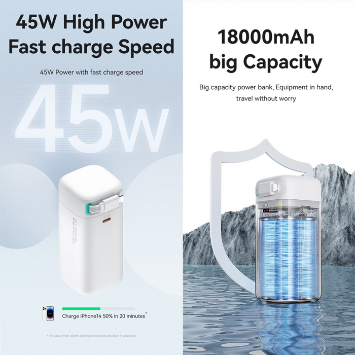 Baterie externa Power Bank XMF Series (US-CD217) - GaN Fast Charging USB-C PD45W with Retractable Lightning Cable, 80cm - White [5]