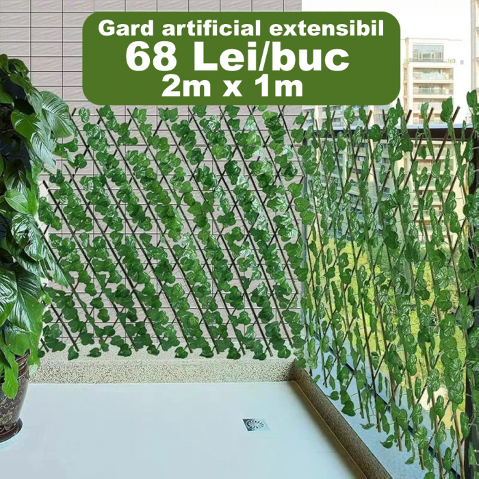Gard artificial extensibil din lemn 200cm x 100cm, cu frunze verzi [4]
