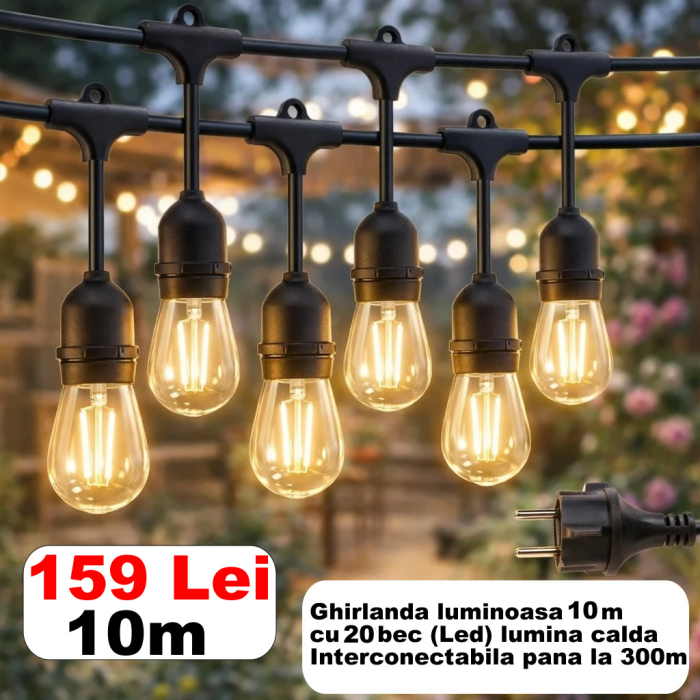 Ghirlanda luminoasa 10m cu 20 bec, lumina calda, interconectabila [2]