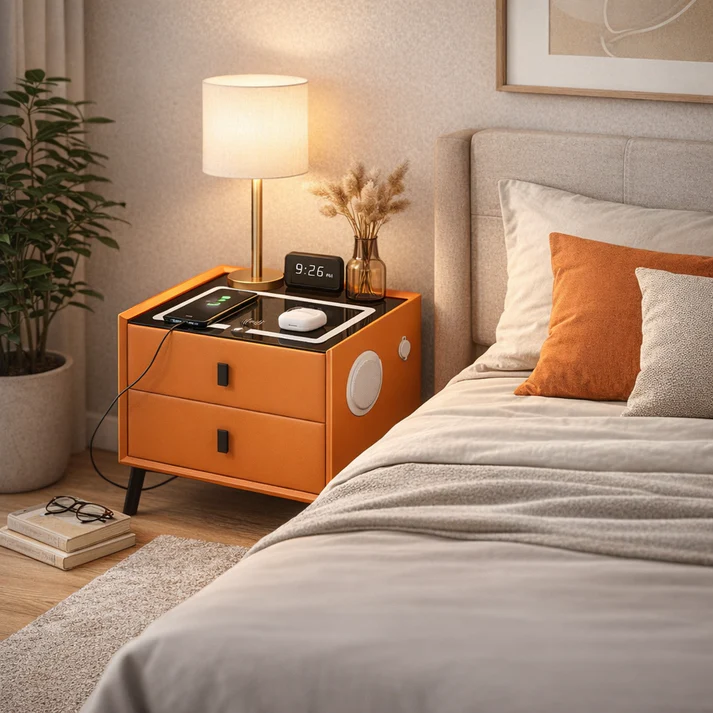 Noptieră Smart cu 2 Sertare – Încărcare Wireless, LED Ambient, Boxă Bluetooth, USB & Type-C [2]