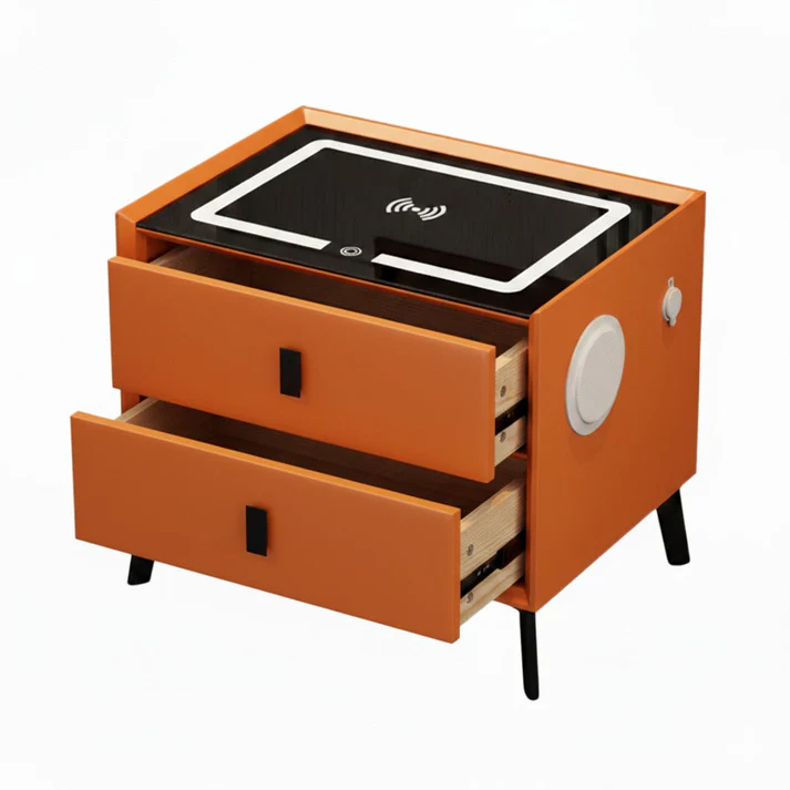 Noptieră Smart cu 2 Sertare – Încărcare Wireless, LED Ambient, Boxă Bluetooth, USB & Type-C [4]